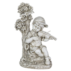 Solar Boy Playing Violin Under a Tree Statue in Natural Resin Finish, 19 Inch | Shop Garden Decor by Exhart