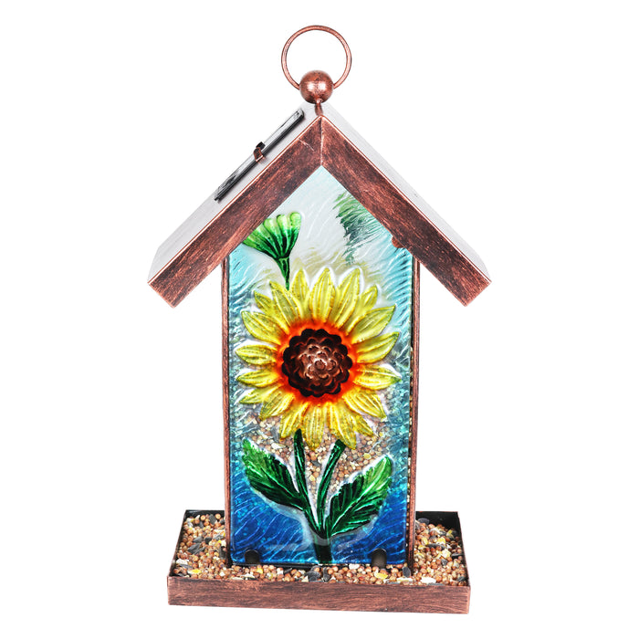 Solar Sunflower Glass Panel Hanging Bird Feeder, 8 by 14.5 Inches