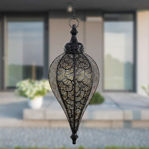 Hanging Metal Leaf Pattern LED Lantern with 5 Hour Battery Timer, 8.5 by 38 Inch | Shop Garden Decor by Exhart