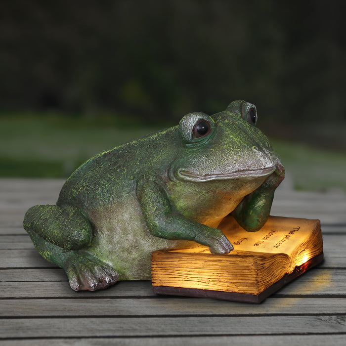 Solar Reading Frog with Book Garden Statue, 10 by 7 Inches