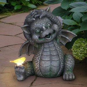 Solar Stretching Dragon Garden Statue with LED Bird, 9.5 by 10.5 Inches | Shop Garden Decor by Exhart
