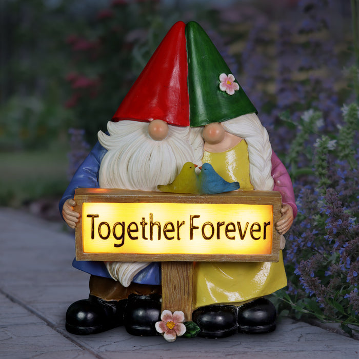 Solar Hand Painted Gnome Couple Garden Statue with Together Forever Sign, 4.5 by 9.5 Inches