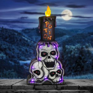 Battery-Operated Stacked Skulls with LED Candle Marquee Statue with Timer, 18 Inch
