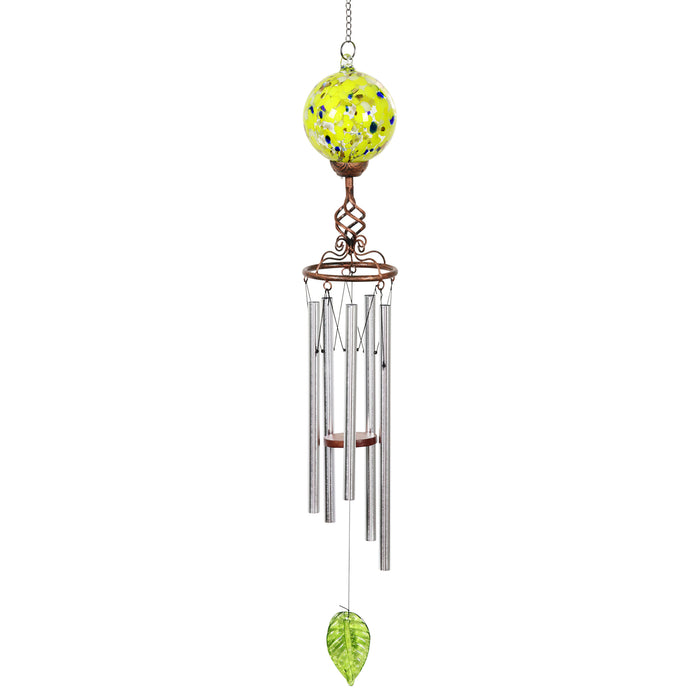 Solar Yellow Glass Ball Wind Chime with Metal Finial, 5 by 46 Inches