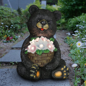 Solar Bear with Flower Basket Garden Statue, 10 by 14 Inches | Shop Garden Decor by Exhart