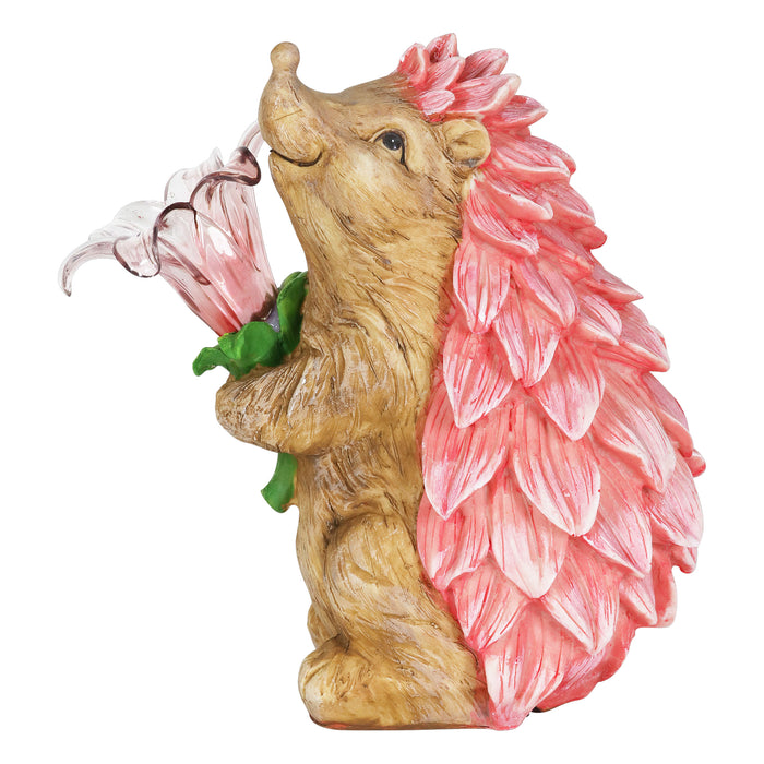 Solar Pink Hedgehog With LED Flower Statue, 9 Inch
