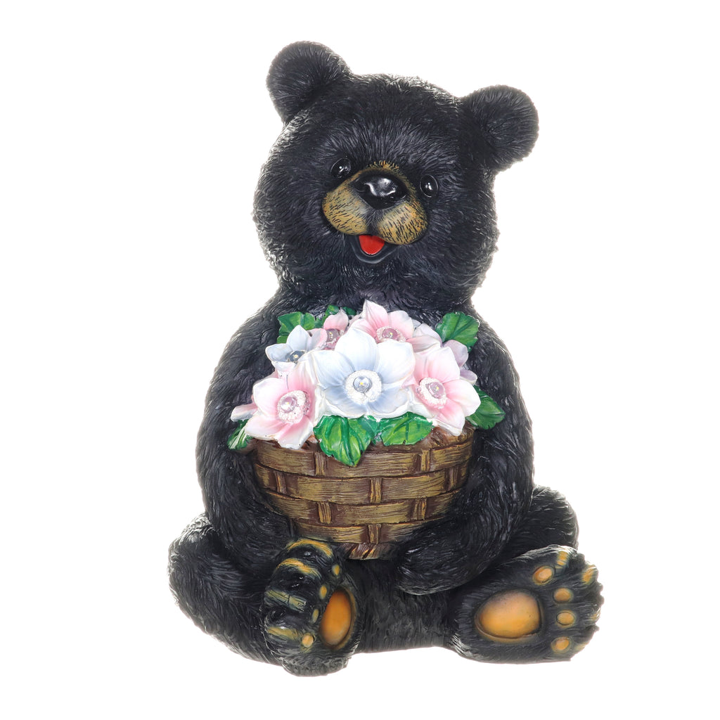 Solar Bear with Flower Basket Garden Statue, 10 by 14 Inches