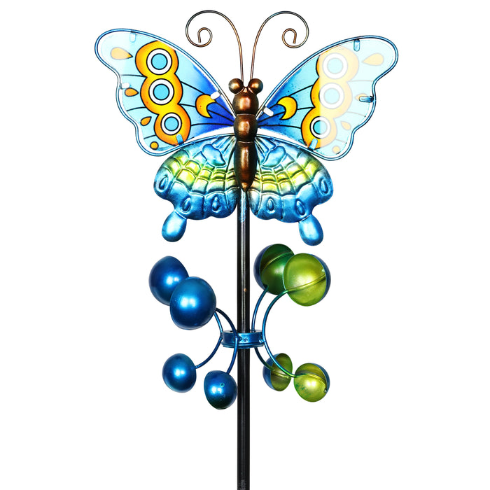 Hand Painted Butterfly Wind Spinner Garden Stake in Teal, 9 by 38 Inches