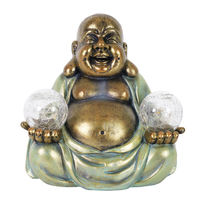 Solar Meditating Buddha in Lotus Position with Two LED Crackle Balls Statuary, 9 Inch