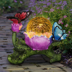 Solar Crackle Glass Orb Garden Art With Butterflies, 9 Inch | Shop Garden Decor by Exhart