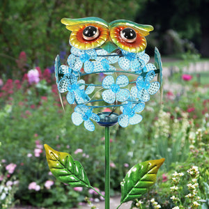 Solar Blue Owl with Spinning Flower Body Garden Stake, 7 by 36 Inches | Shop Garden Decor by Exhart