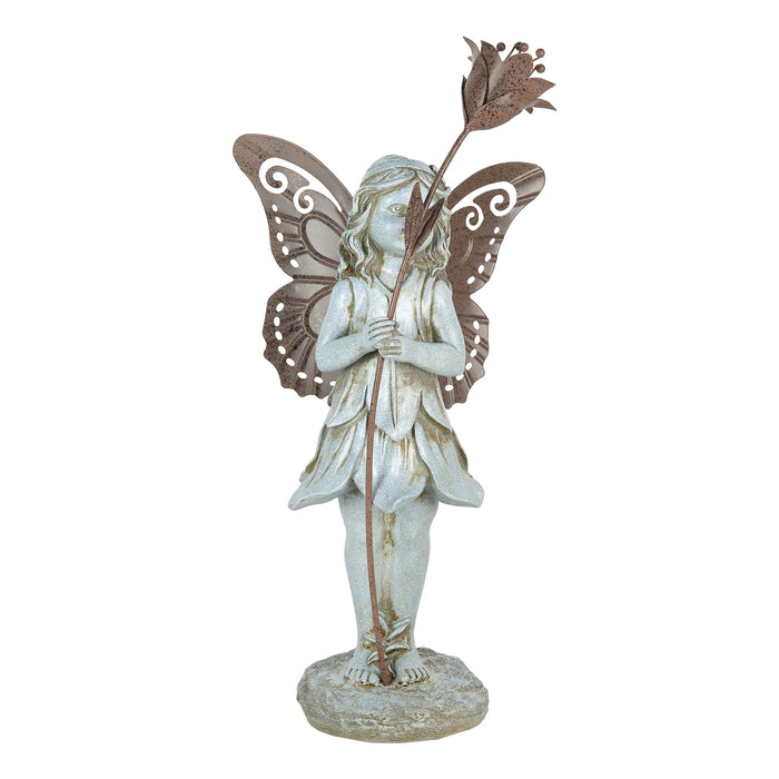 Stone Fairy Right Facing Statue with Metal Wings and Metal Flower, 8.5 by 19 Inch