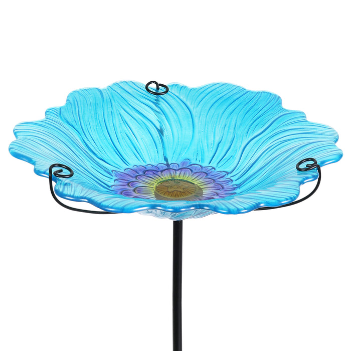 Blue Glass Open Flower Bird Bath Stake, 13.5 by 25  Inches