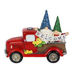 Solar Gnome Couple in Red Retro Truck with LED Welcome Sign Garden Statuary, 17.5 by 13.5 Inches | Shop Garden Decor by Exhart