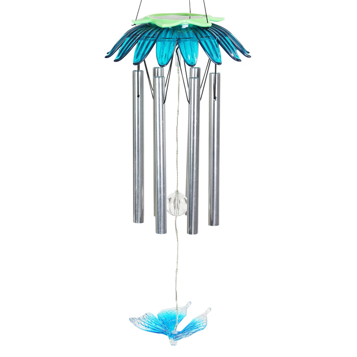 Solar LED Blue Flower Hanging Wind Chime with Butterfly Charm, 7 by 27.5 Inches