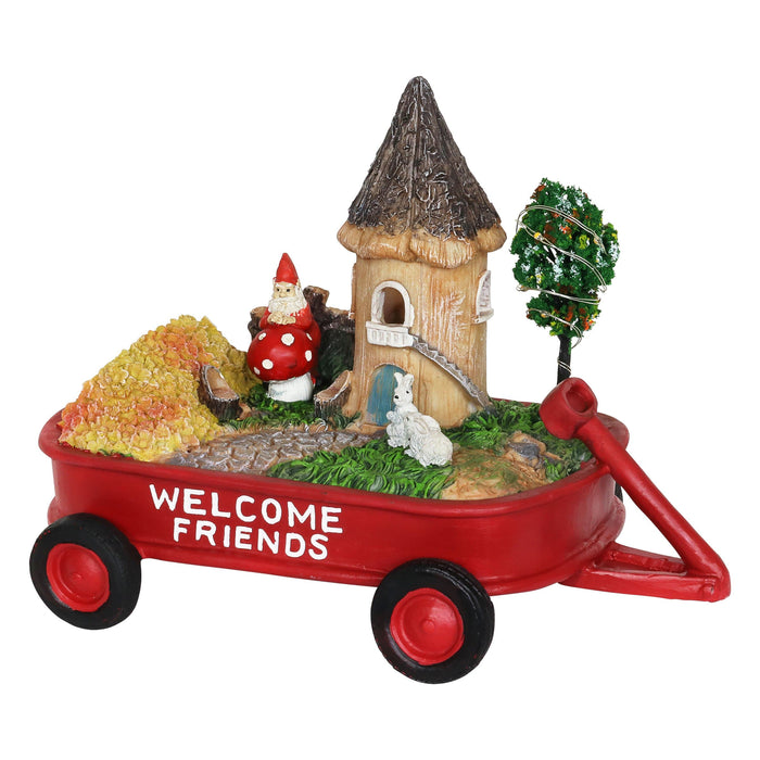 Solar Red Wagon with Mini Garden Statue, 6.5 by 8 Inches