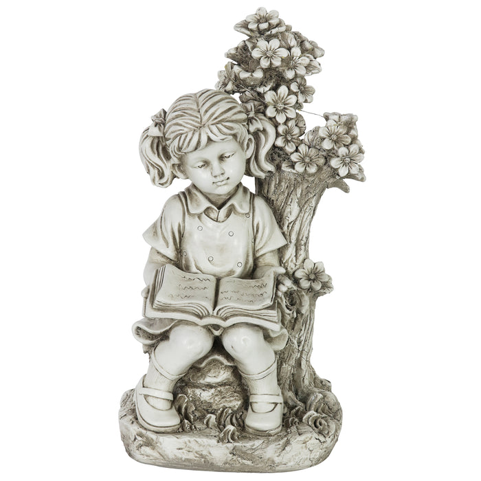 Solar Girl Reading Under a Tree Statue in Natural Resin Finish, 19 Inch