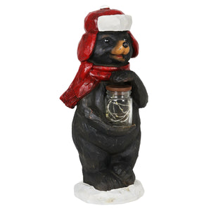Holiday Bear Statue Holding a Jar of LED Fireflies on Battery Operated Timer