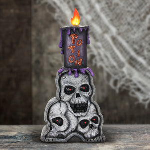 Battery-Operated Stacked Skulls with LED Candle Marquee Statue with Timer, 18 Inch