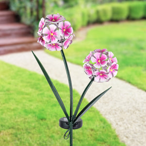 Solar Double Pink Hydrangea Metal Garden Stake with Thirty Four LED lights, 7 by 29 Inches | Shop Garden Decor by Exhart