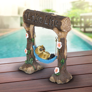 Solar Owl in a Lake Life Hammock Hand Painted Garden Statuary, 9.5 by 10 Inches | Shop Garden Decor by Exhart
