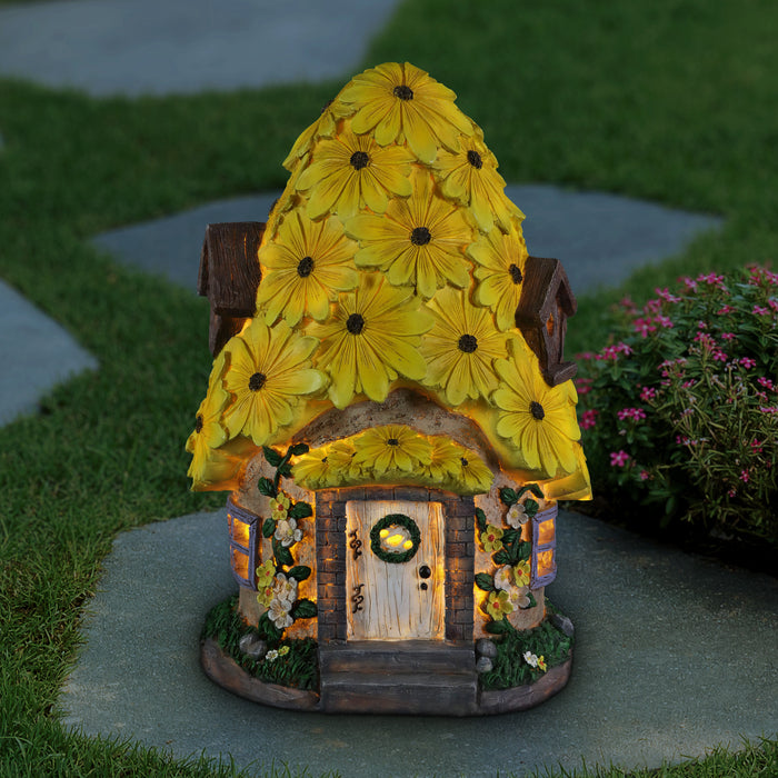 Solar Sunflower Roof Fairy Garden House, 9 by 15 Inches