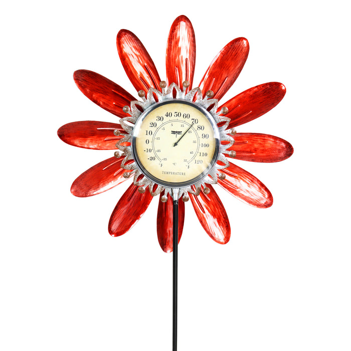Spinning Red Metal Flower Thermometer Garden Stake, 17.5 by 50 Inches