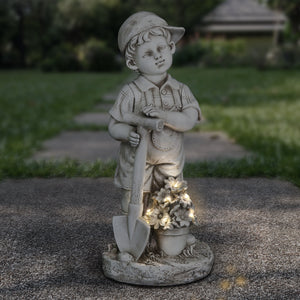 Solar Gardening Boy Statue in Natural Resin Finish, 18 Inch | Shop Garden Decor by Exhart