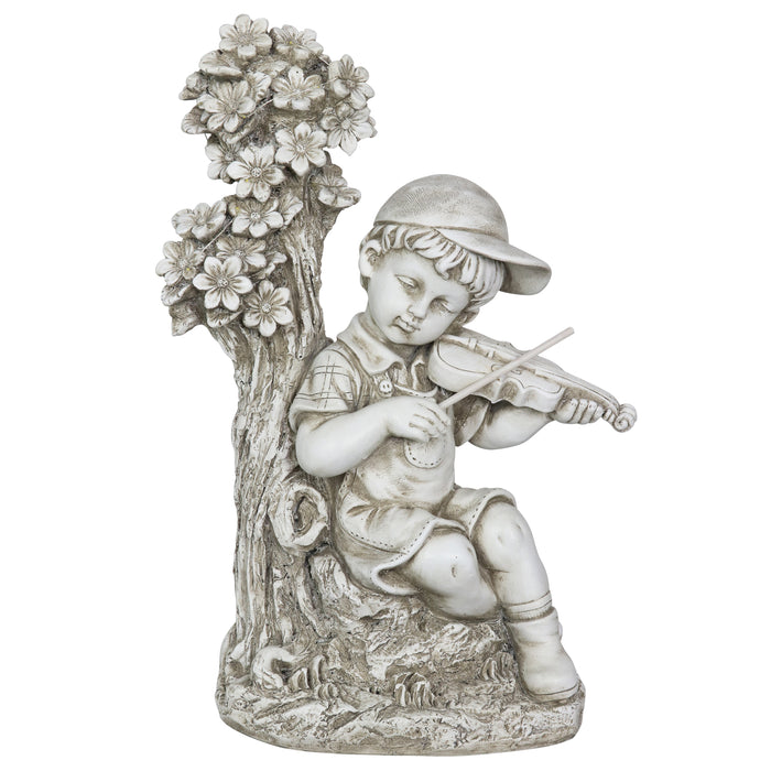 Solar Boy Playing Violin Under a Tree Statue in Natural Resin Finish, 19 Inch