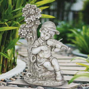 Solar Boy Playing Violin Under a Tree Statue in Natural Resin Finish, 19 Inch | Shop Garden Decor by Exhart