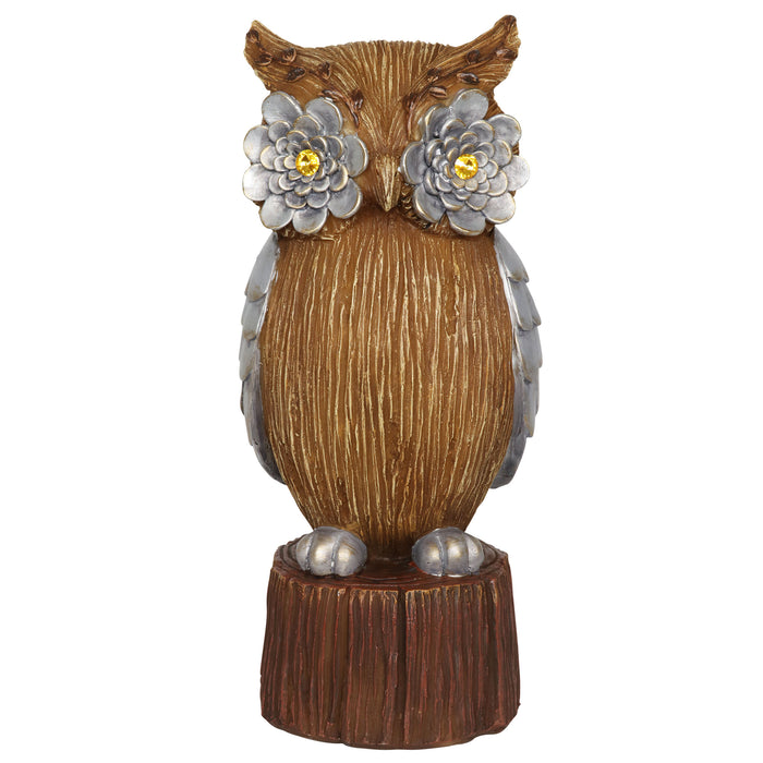 Solar Woodsy Owl Statue with Silver Flower Eyes, 17 Inch