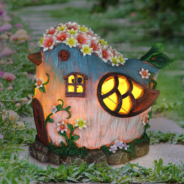 Solar Hand Painted Bird Fairy Garden House Statue, 9 by 8 Inches