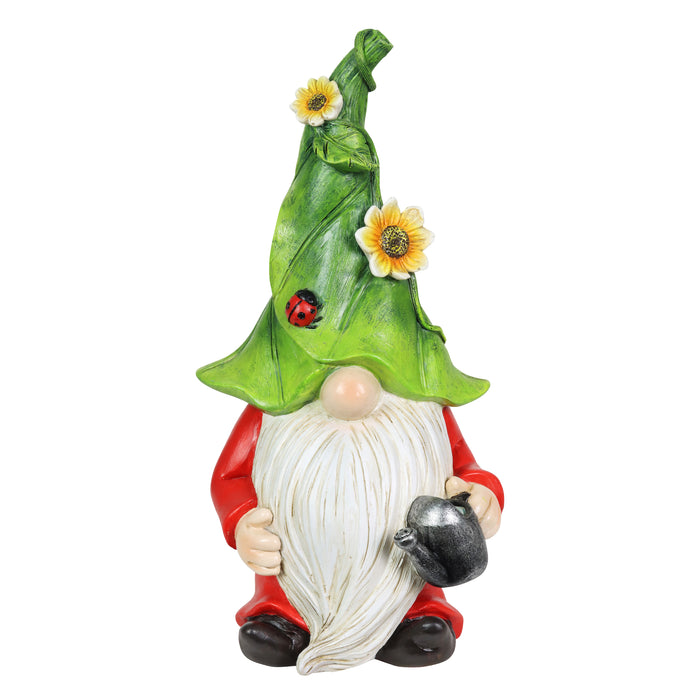 Hand Painted Leaf Hat Garden Gnome Statuary with a Watering Can, 5.5 by 10 Inches