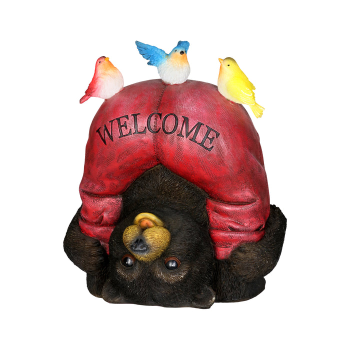 Solar Topsy-Turvy Welcome Bear with Birds Garden Statue, 10 inches