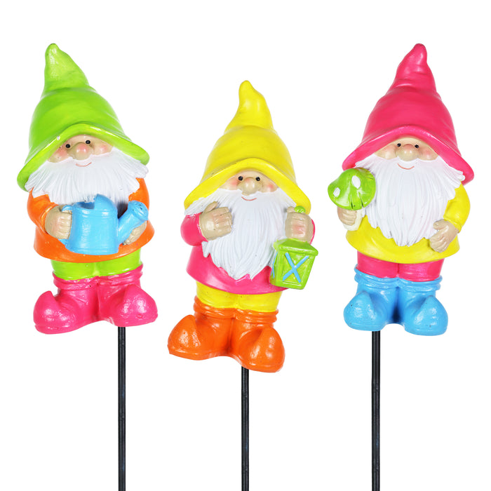 3 Piece Neon Gnome Plant Stake Assortment, 3 by 17 Inches