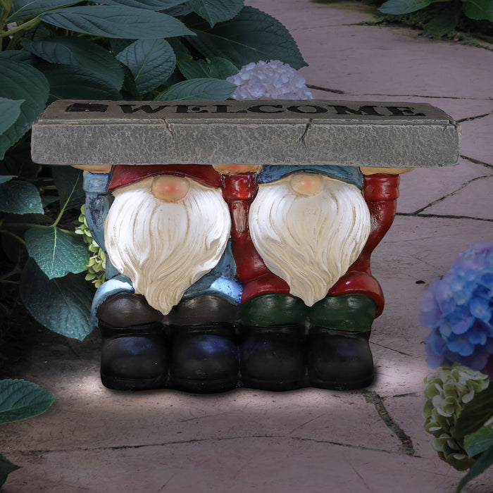Solar Garden Gnomes with a Welcome Stone Statuary, 14 by 10 Inches