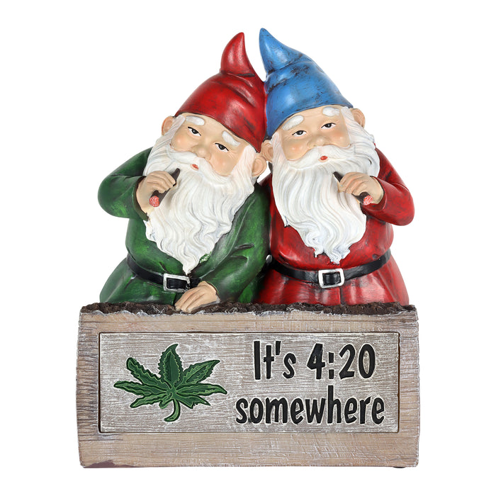 Solar Good Time Bud Buddies Marijuana Smoking Gnomes on a LED "It's 4:20 Somewhere" Sign Garden Statuary, 5 by 11 Inch