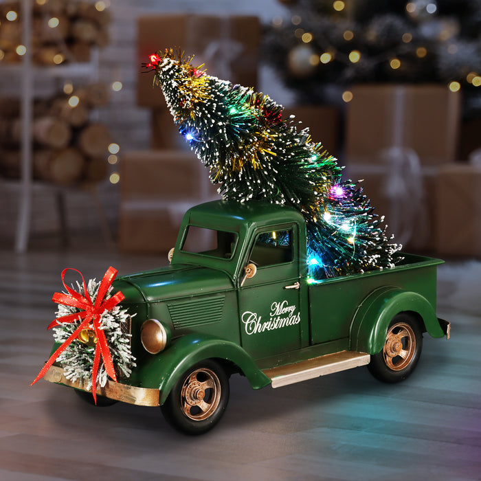 Merry Christmas LED Green Vintage Holiday Truck Statue with a Battery Powered Timer, 14.5 by 6.5 x 14 Inches