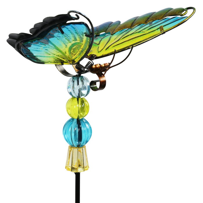 WindyWing Green Butterfly Garden Stake with Beads, Made of glass and metal with Flapping Wings