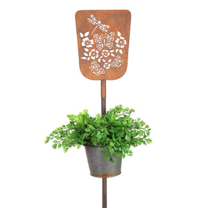 Metal Pot Garden Stake with Stamped Butterfly and Dragonfly Sign, 8 by 56.5 Inches | Shop Garden Decor by Exhart