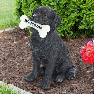 Solar Black Labrador Retriever Dog with LED Welcome Bone Garden Statuary, 14 Inch tall | Shop Garden Decor by Exhart