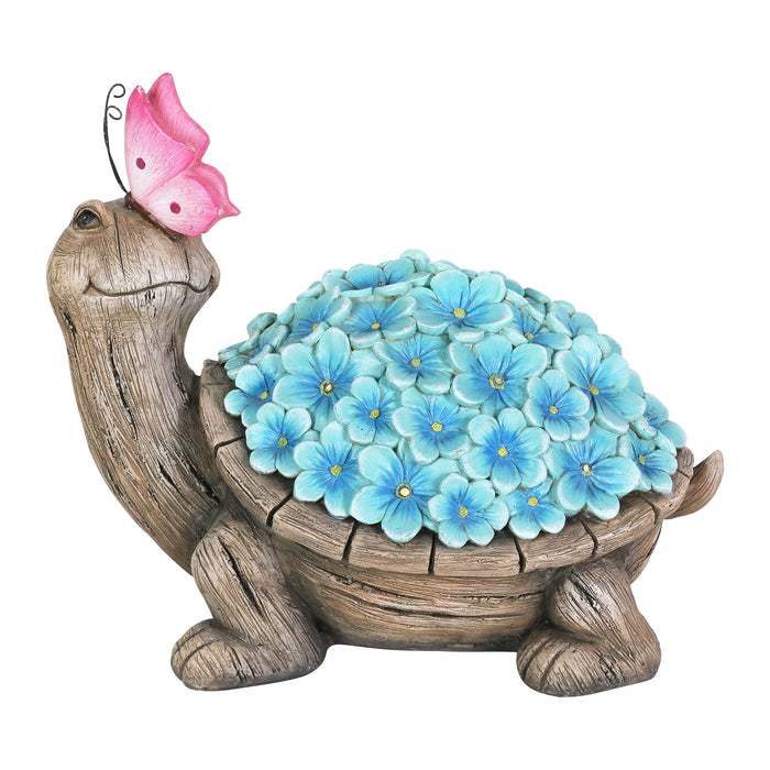 Solar Turtle Statue with Flower Shell and Butterfly, 11 by 9 Inch