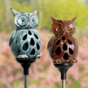Solar Resin Owl Stake Set in Blue and Brown, 3 by 29 Inches
