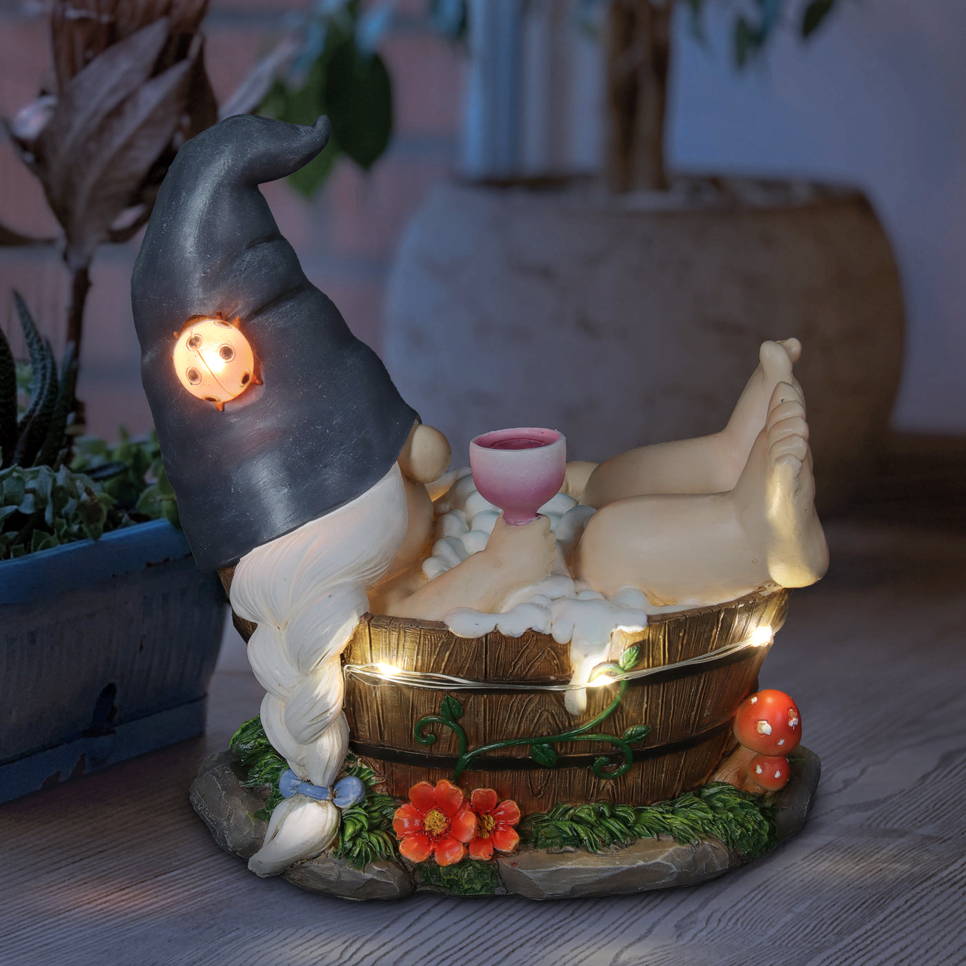 Good Time Bubble Bath Betty Gnome in a Tub Garden Statue with LED ligh