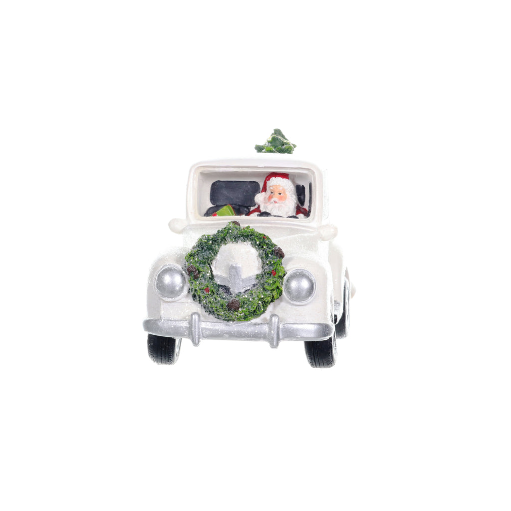 Vintage White Holiday Truck Driven by Santa with a Christmas Tree Statuary on a Battery Powered Timer, 12 x 6  Inches