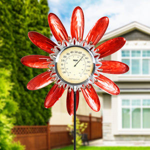Spinning Red Metal Flower Thermometer Garden Stake, 17.5 by 50 Inches | Shop Garden Decor by Exhart