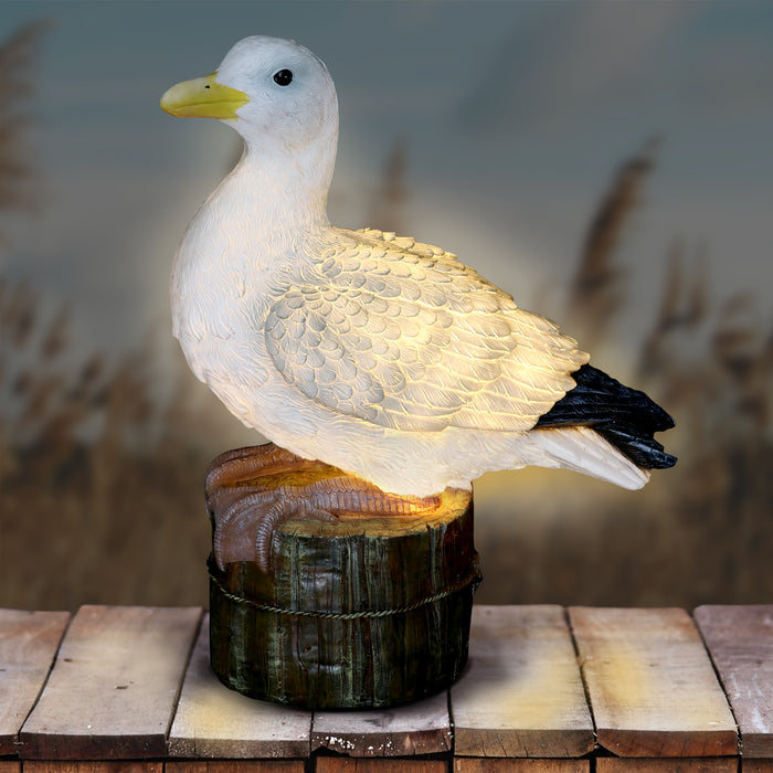Solar Beach Seagull on a Pier Garden Statue, 15 by 16 Inches