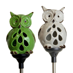 Solar Resin Owl Stake Set in Green and Cream, 3 by 29 Inches