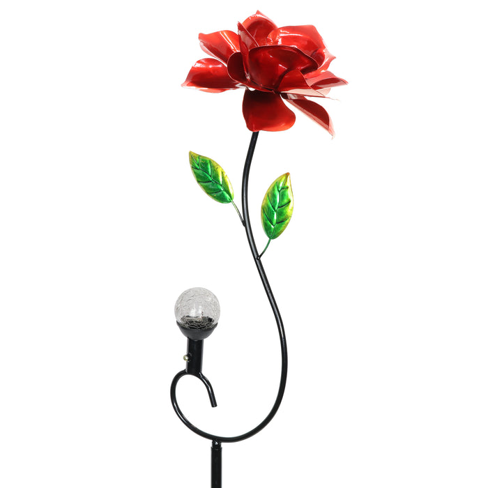 Rose Flower Wind Spinner Garden Stake with Solar Crackle Glass Ball Hand Painted in Metallic Red, 12 by 44 Inches