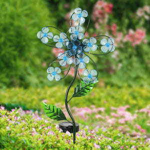 Solar Blue Flower Garden Stake with Spinning Forget Me Not Blooms, 9 by 33 Inches | Shop Garden Decor by Exhart